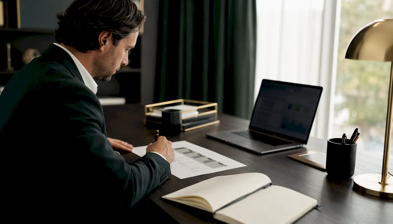 Close-up of comparison table with notes on desk