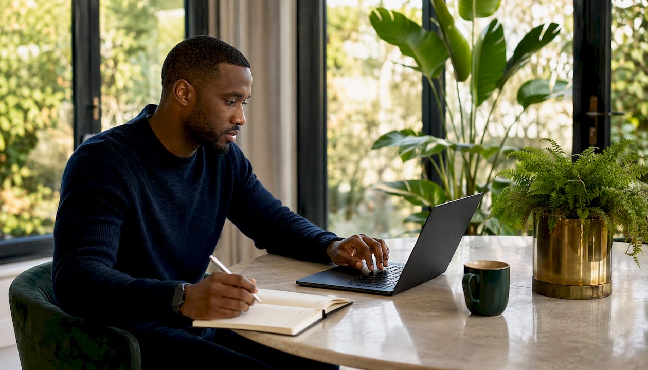 Hands typing on laptop in home office