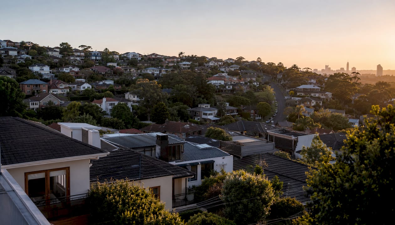 Aerial view of dense Sydney suburb rooftops
