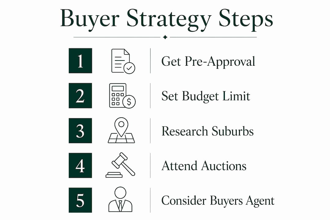 Infographic illustrating buyer strategy steps in Sydney seller's market