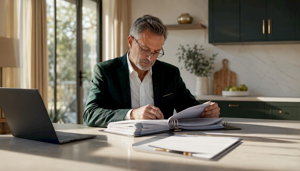 Man reviewing strata inspection binder in office