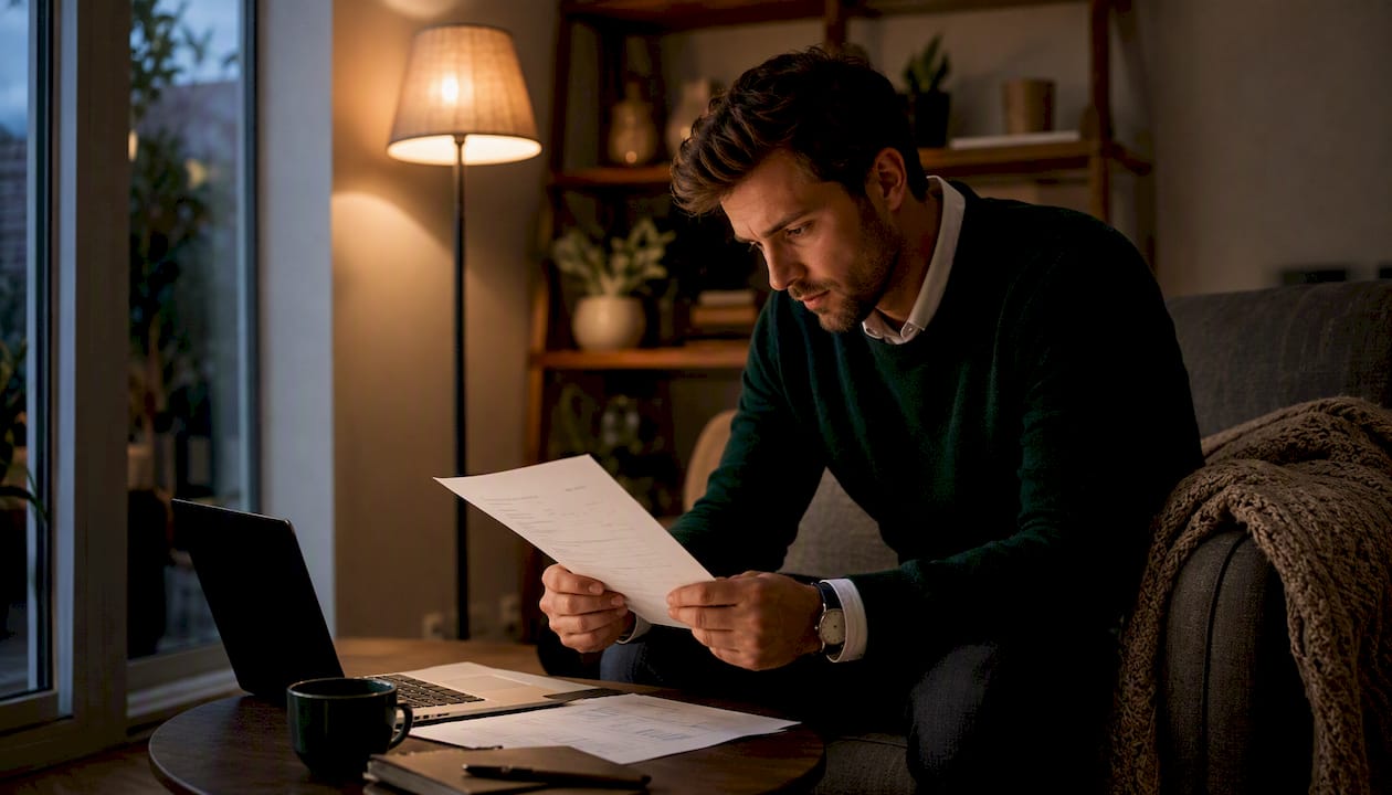 Buyer reviewing loan documents and finances at home