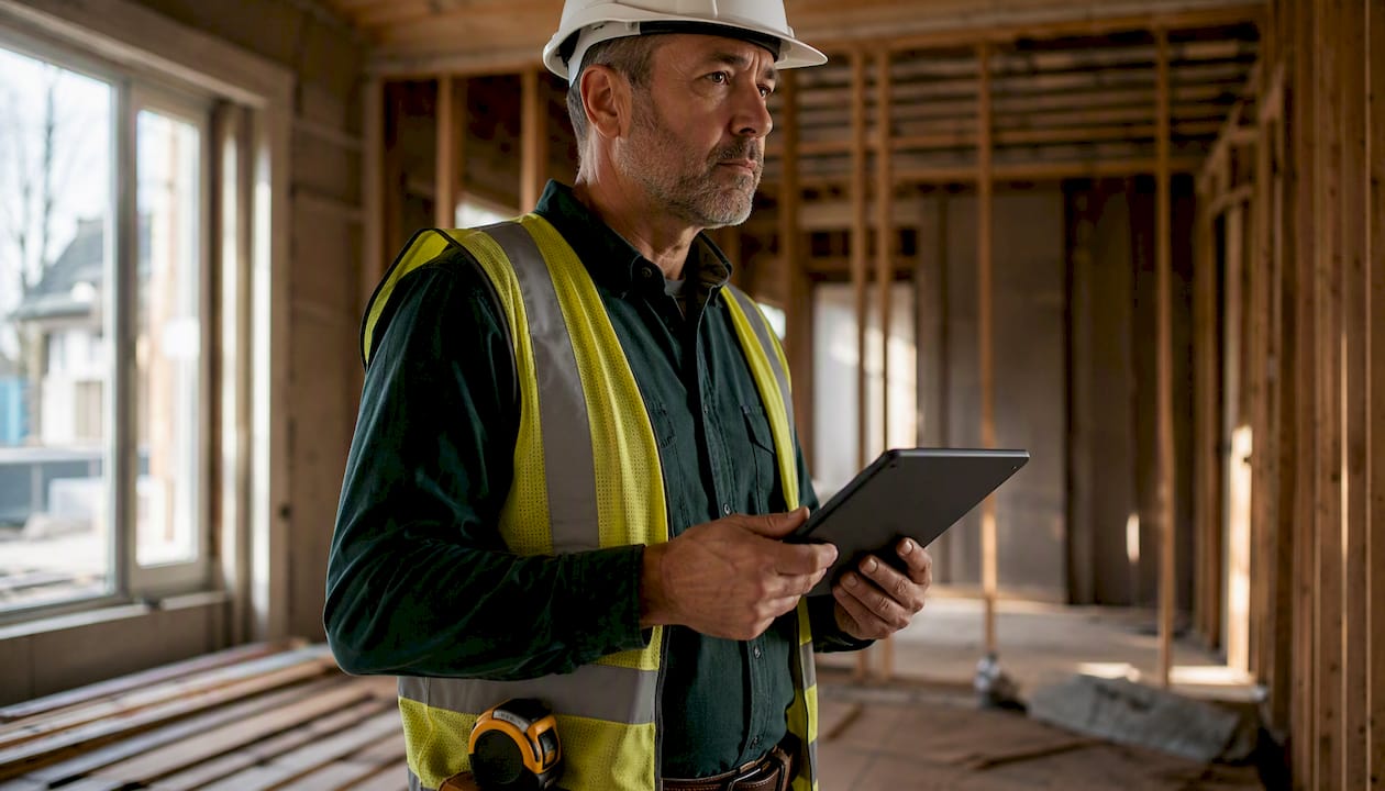 Housing inspector auditing construction site