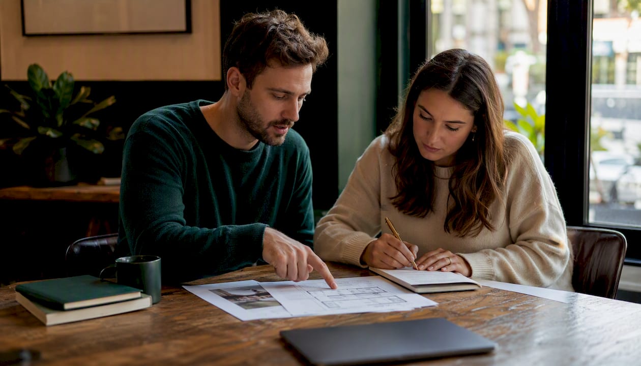 Couple and agent discussing property valuation at office