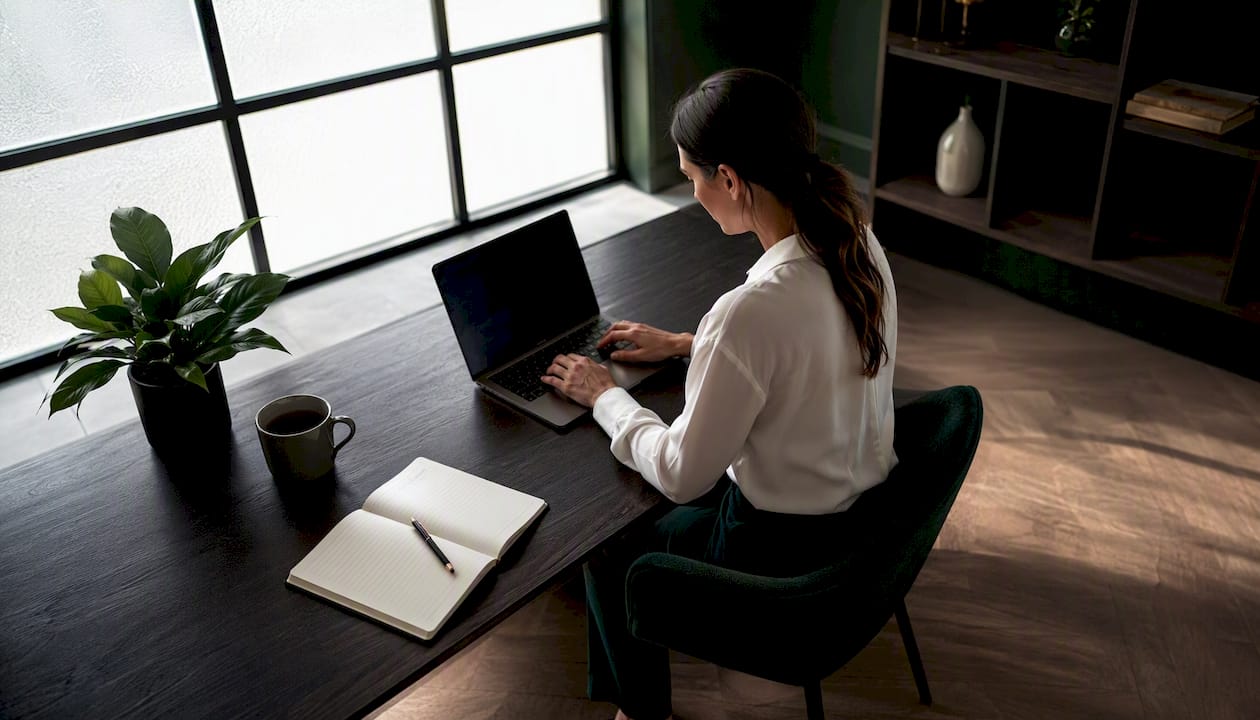 Hands using online LVR calculator on laptop keyboard at kitchen island