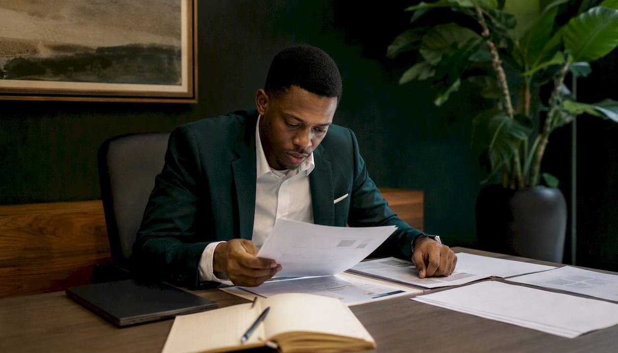Bank officer reviewing loan security papers
