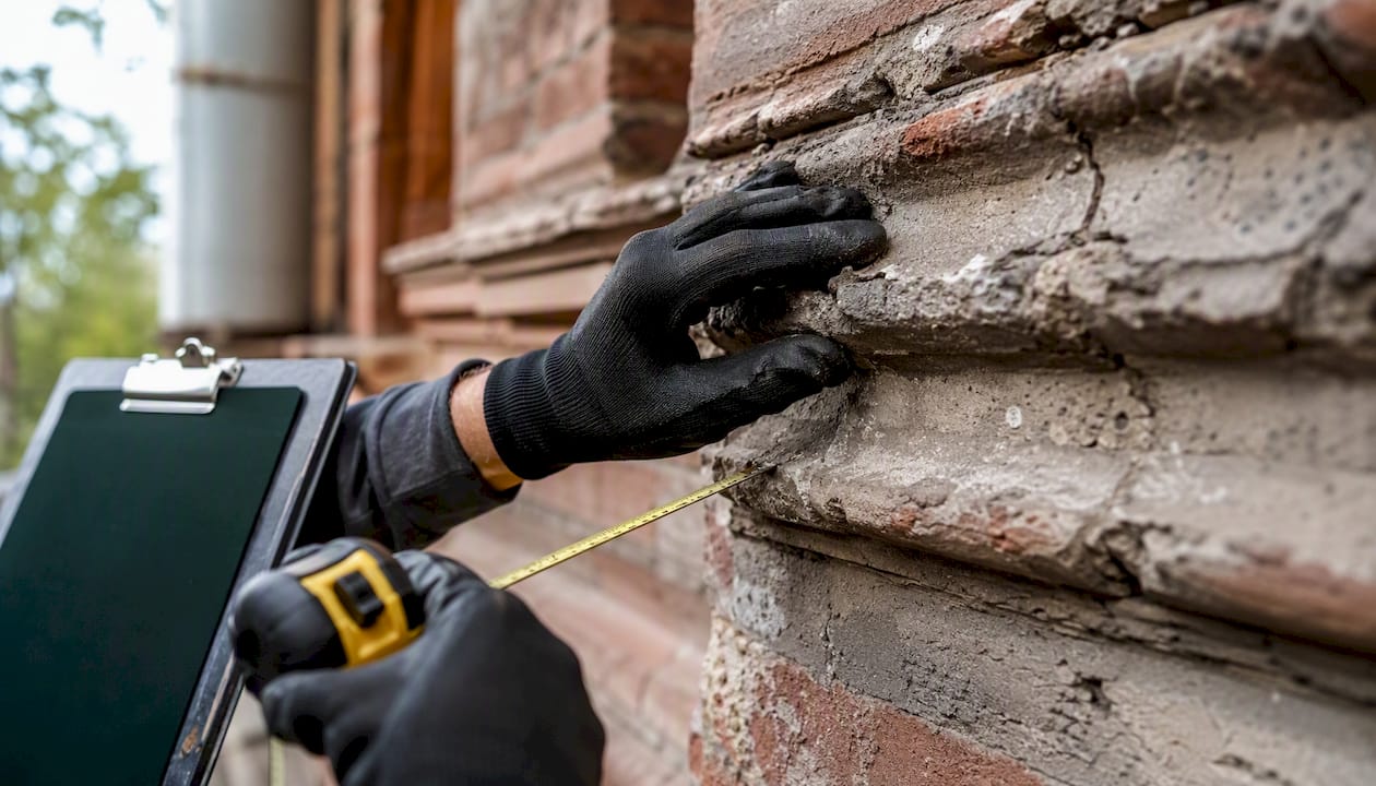 Hands inspecting cracked concrete facade