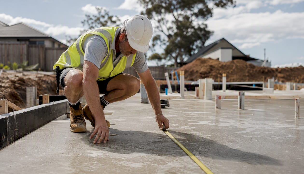 Worker measuring concrete foundation