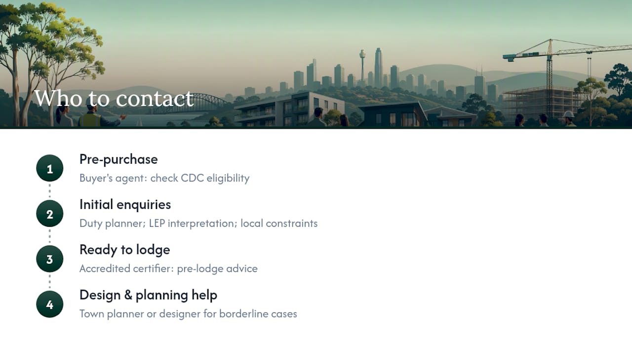 Who should you contact for help with complying development? — overview diagram