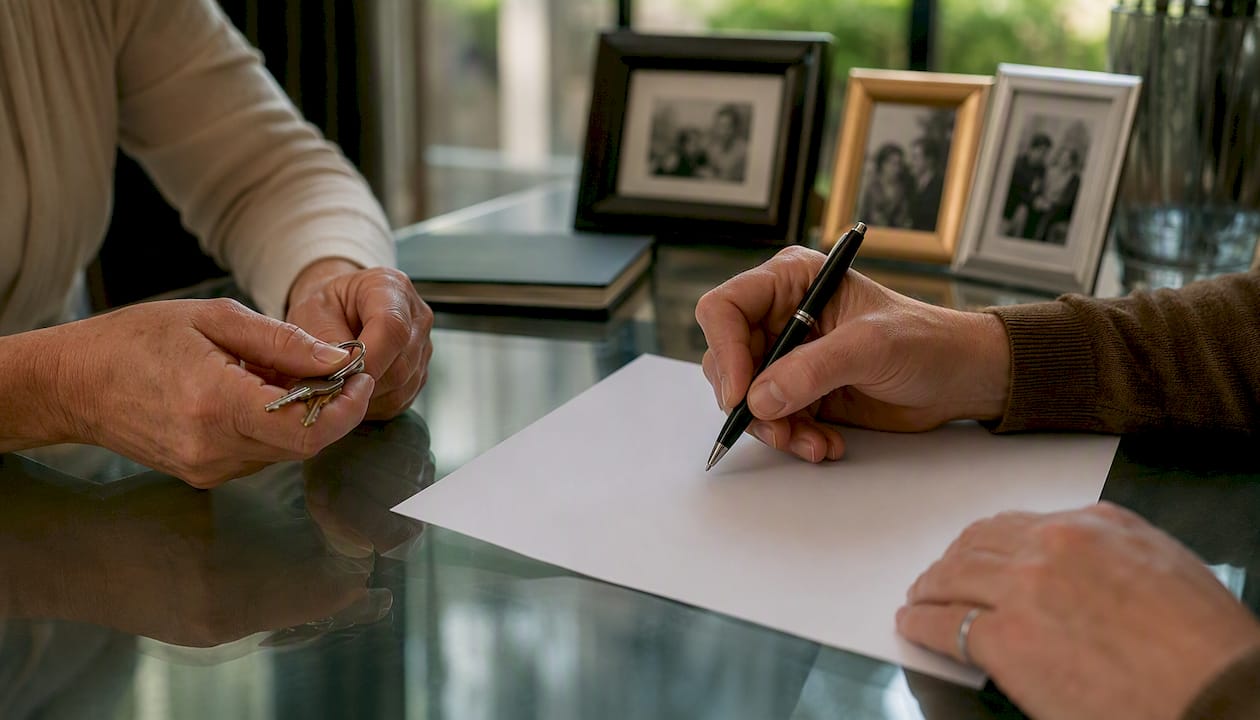 Hands signing family guarantee agreement