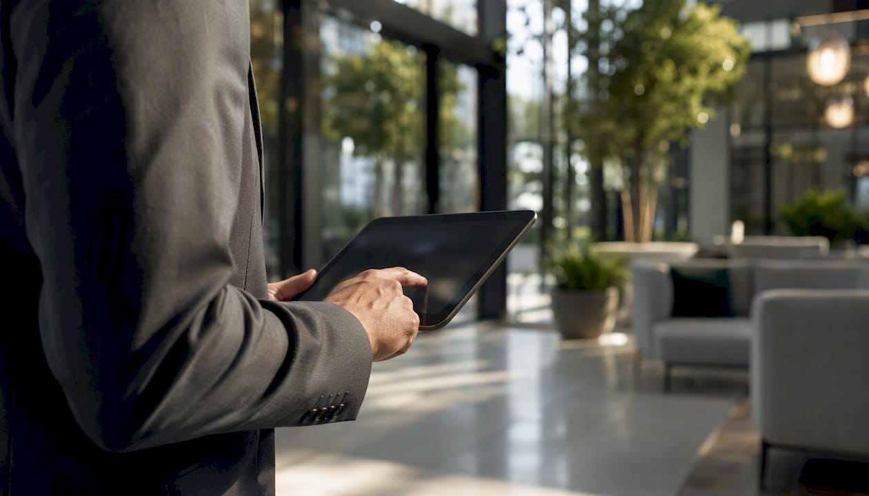 Hand tapping dark tablet in apartment lobby