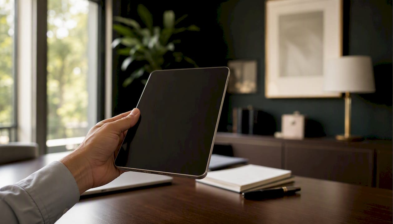 Hand requesting property documents via tablet