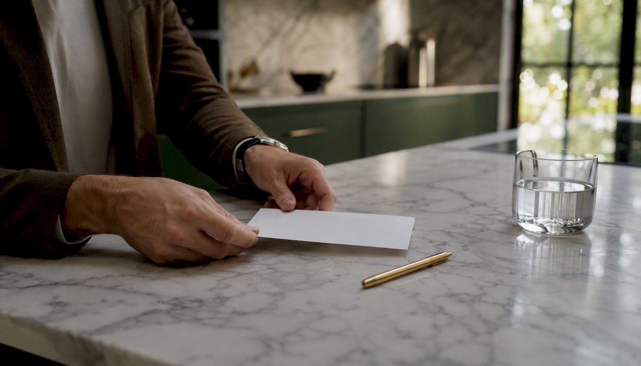 Hands placing deposit cheque on desk