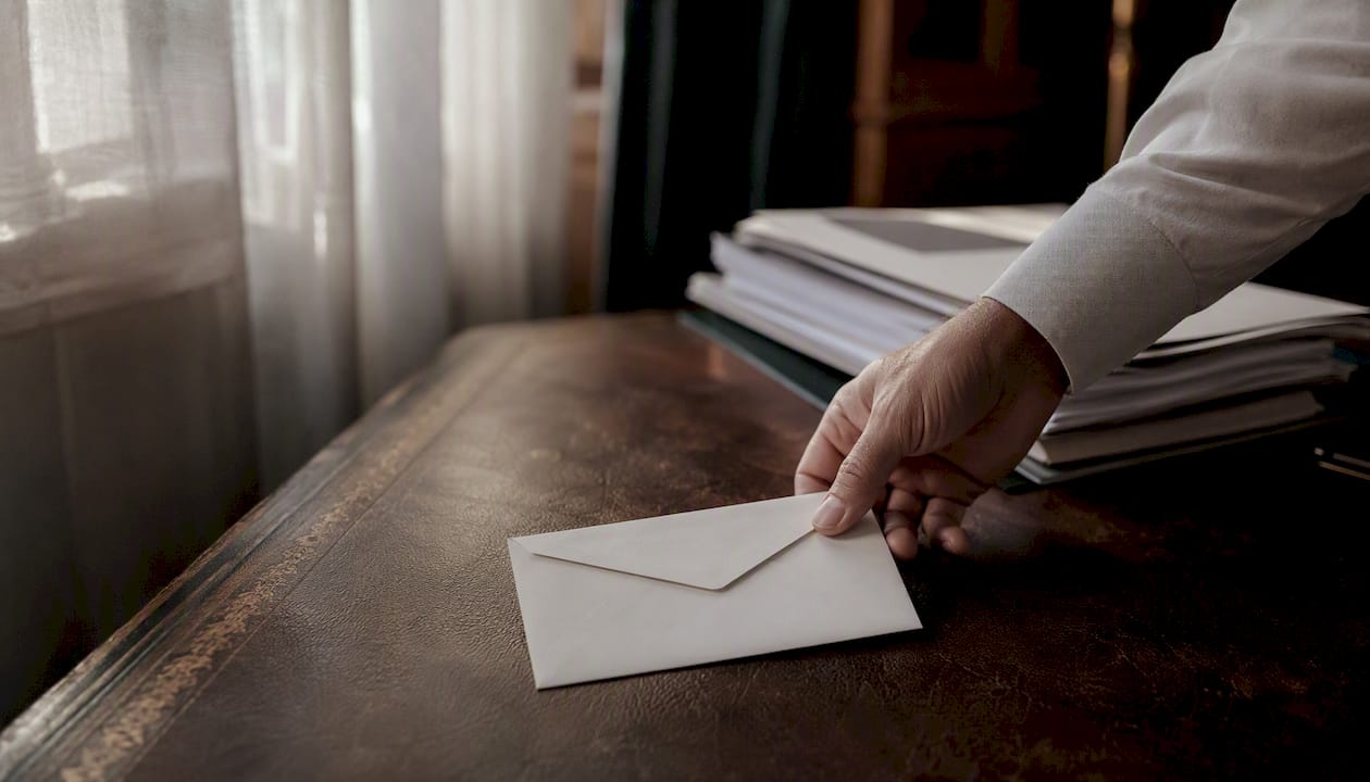 Hand placing deposit envelope on legal book