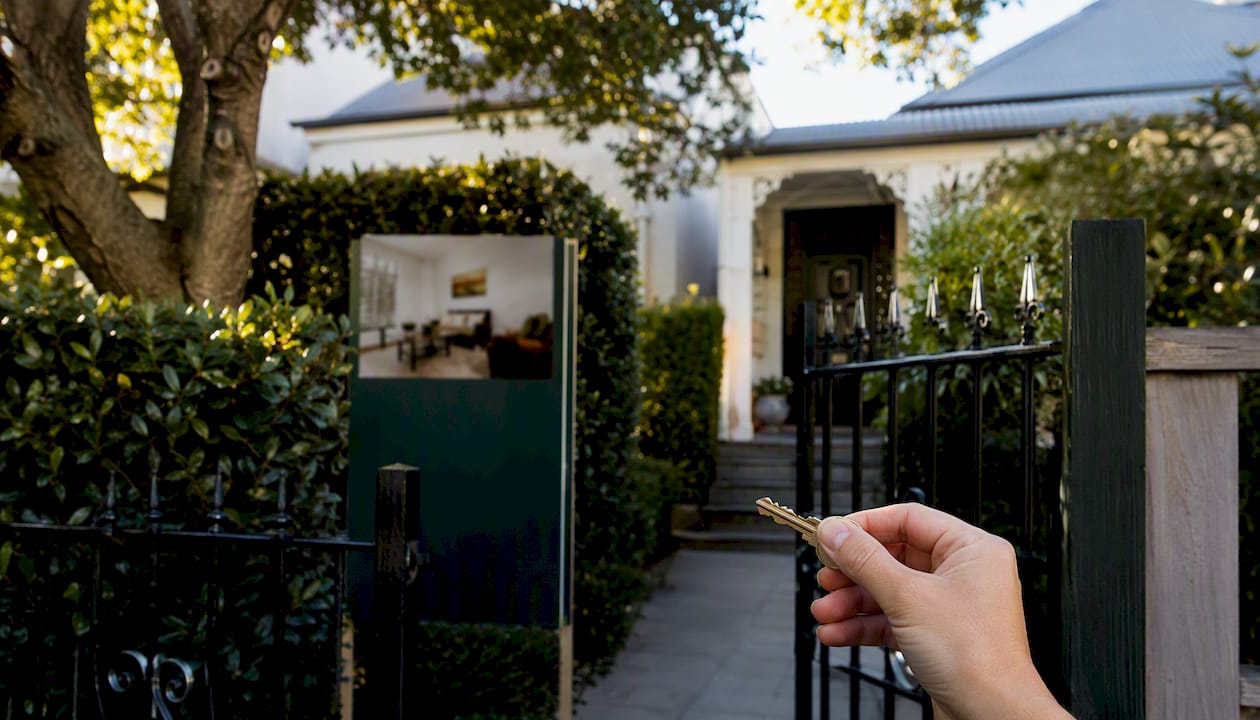 Hand holding key near Sydney house entrance