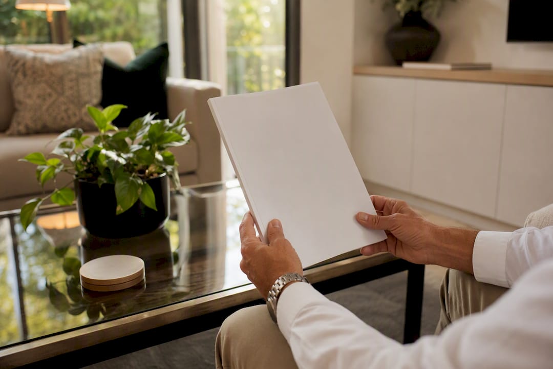 Hands holding blank meeting minutes booklet