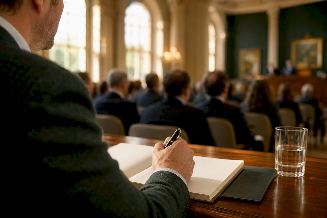 Buyer preparing bidding notes at auction