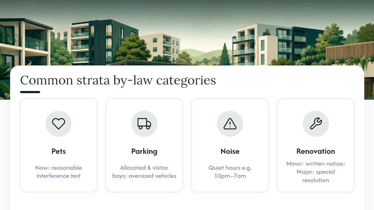 Diagram summarizing common NSW strata by-law topics and variations