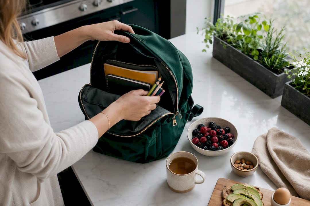Packing school backpack in kitchen