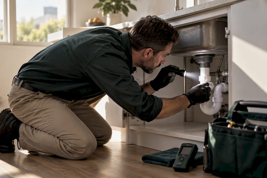 Building inspector checking kitchen plumbing